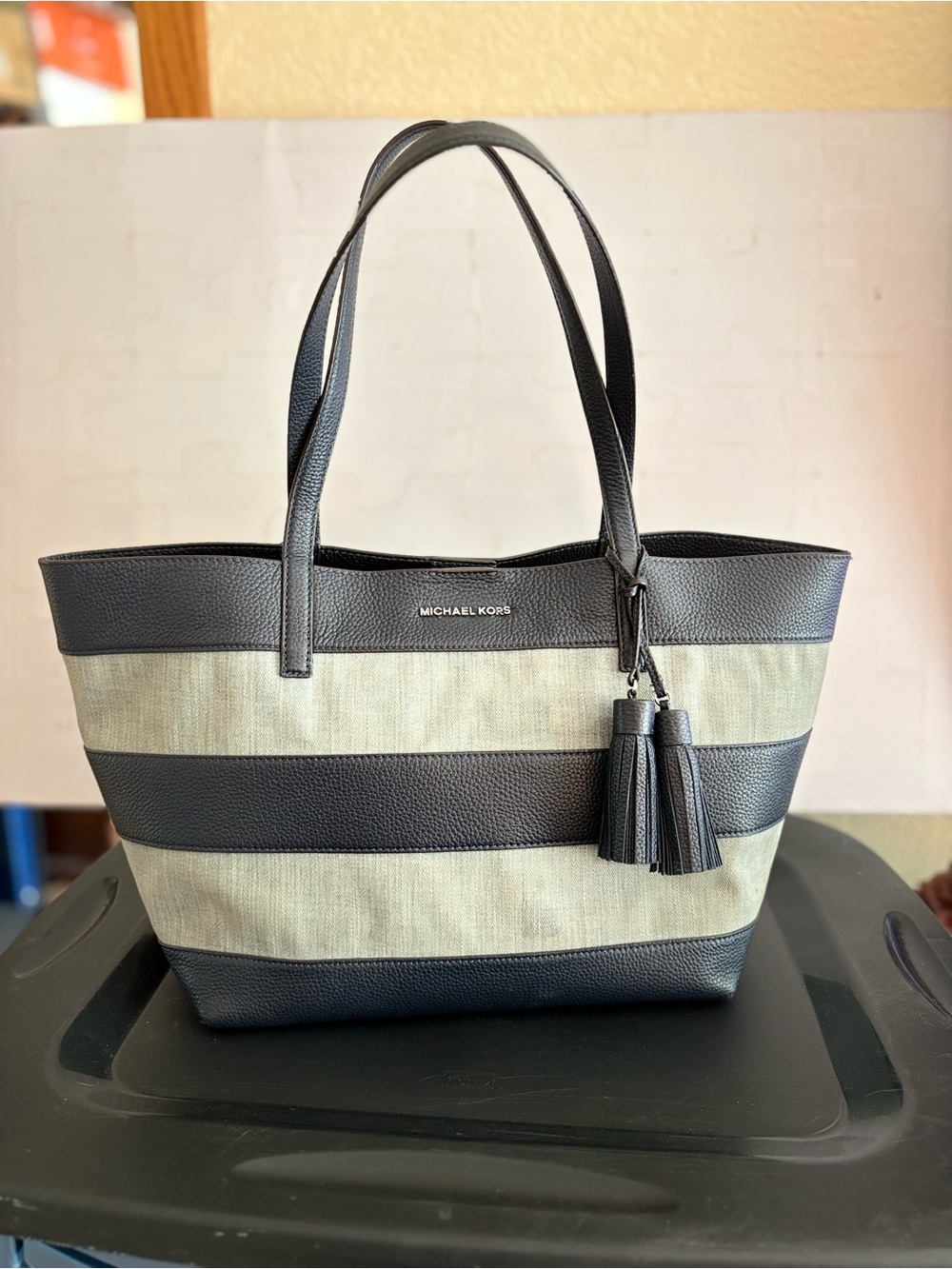 Michael Kors light wash denim trim navy blue Leather Tote